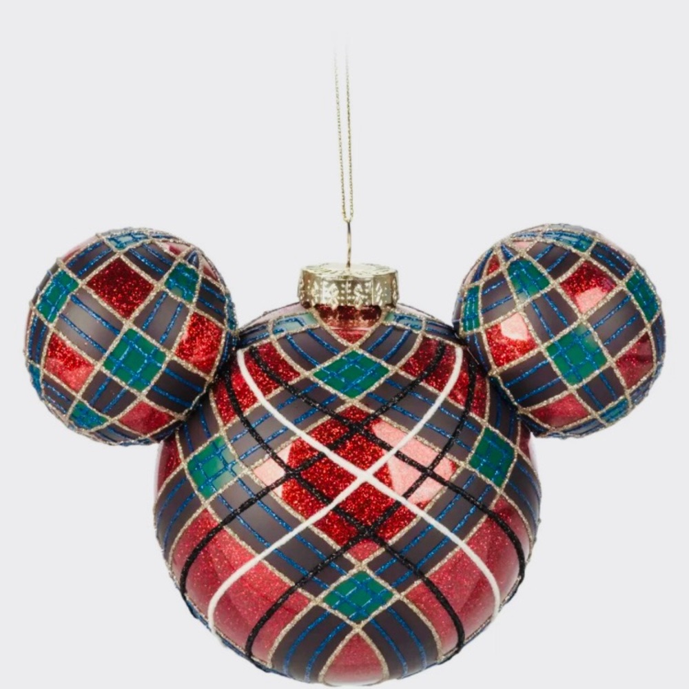 NWT Disney Mickey Plaid Icon Glass Ball Christmas Tree Ornament
